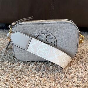 Tory Burch Gray Crossbody Bag with Gold Accents
